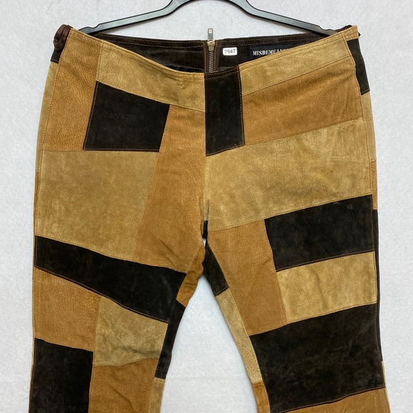 MISDEMEANOR Leather Flare Pants Womens Size 11 12 Tan Brown Patchwork Suede - Picture 2 of 8
